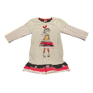 Girls Long Sleeved Dress, Doll on the front, polkadot long sleeves & ruffles 4T